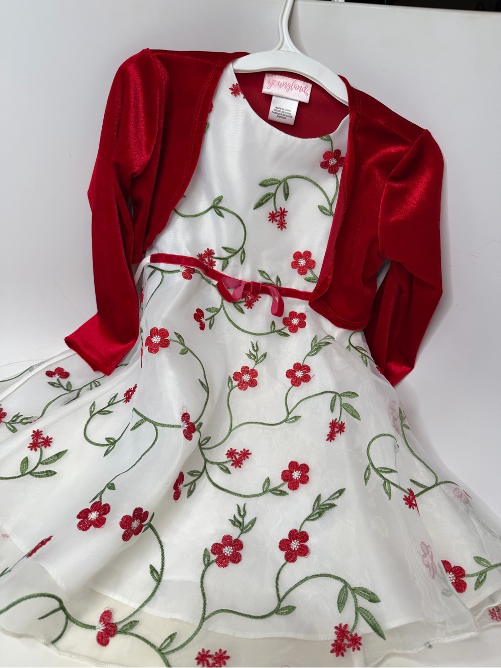 Youngland Red and White Floral Mesh Dress with Red Bolero